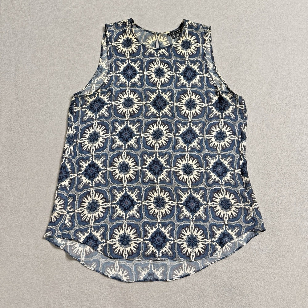 Theory Sleeveless Blouse Womens Medium Blue Geometric Silk Career Top